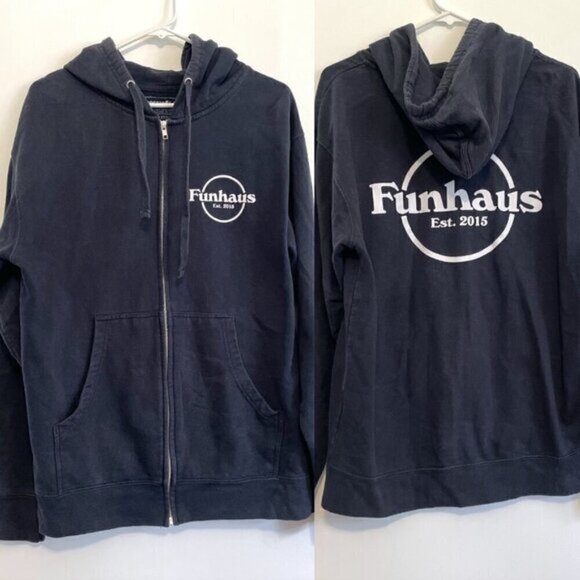 ROOSTER TEETH FUNHAUS Mens Navy Blue Double Sided Full Zip Hoodie Sweatshirt M - Picture 1 of 15